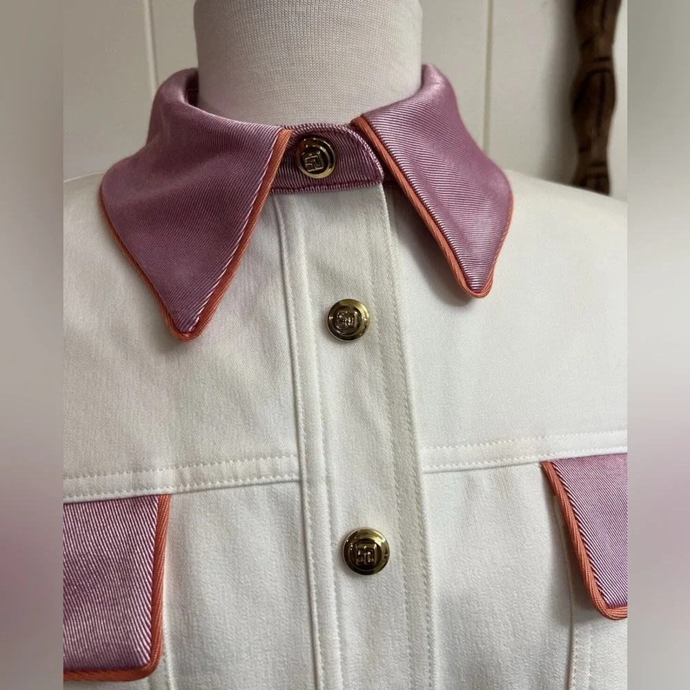 St. John Sport By Marie Gray White Jacket Coat Blazer Pink Trim Gold Buttons MED
